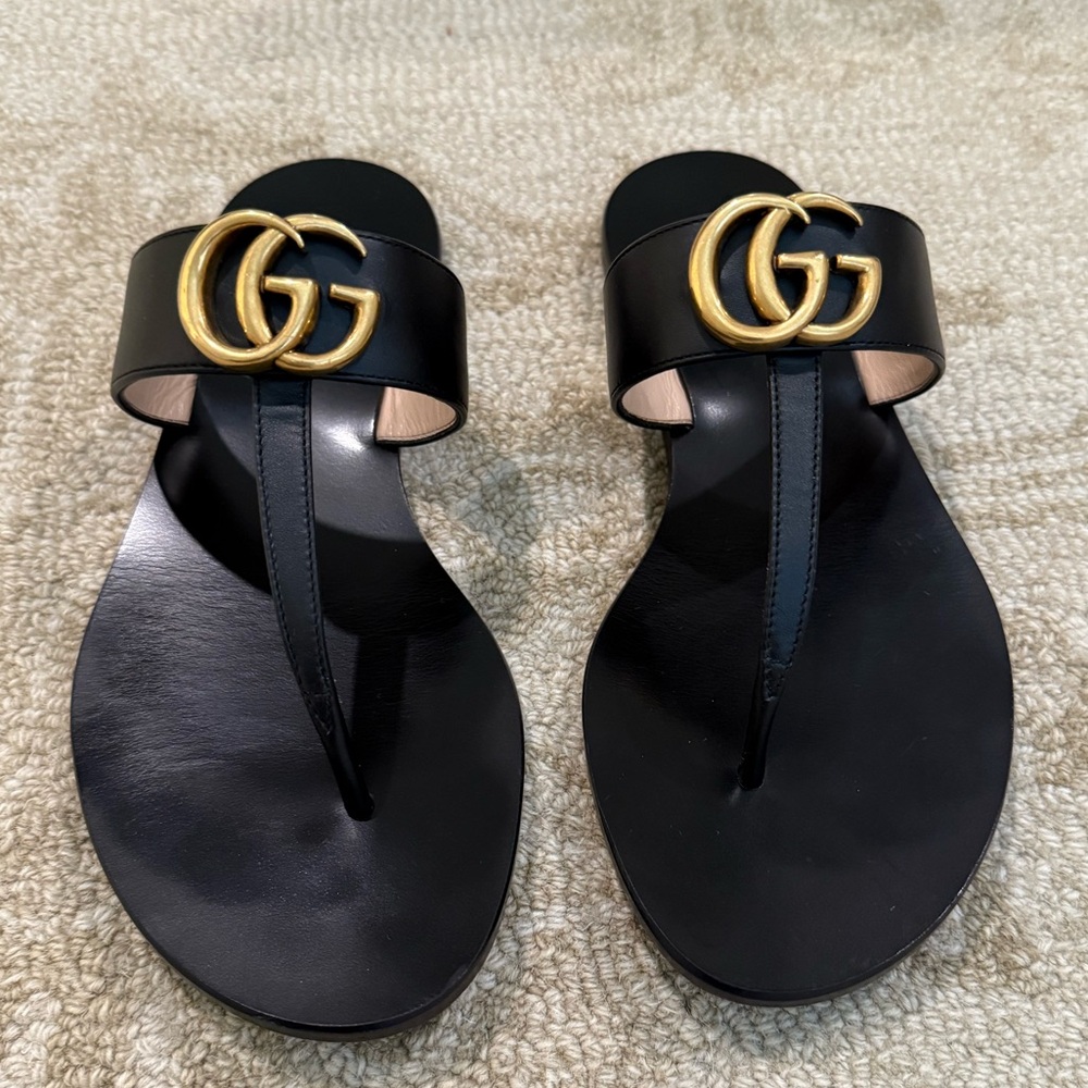 Black Gucci Flat Marmont Leather Thong Sandals Size 37 - Picture 6 of 13